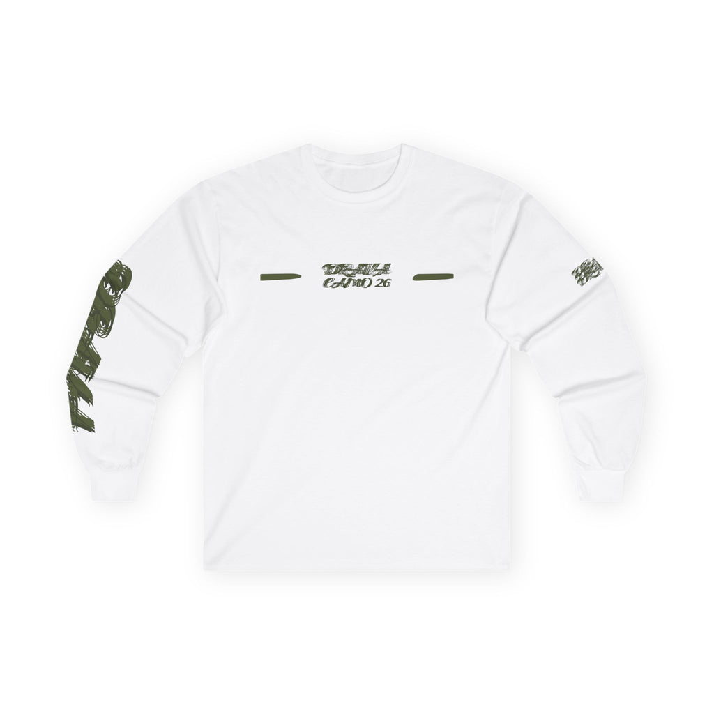 Long Sleeve Tee — Camouflage Rectangular Graphic with Sleeve Text